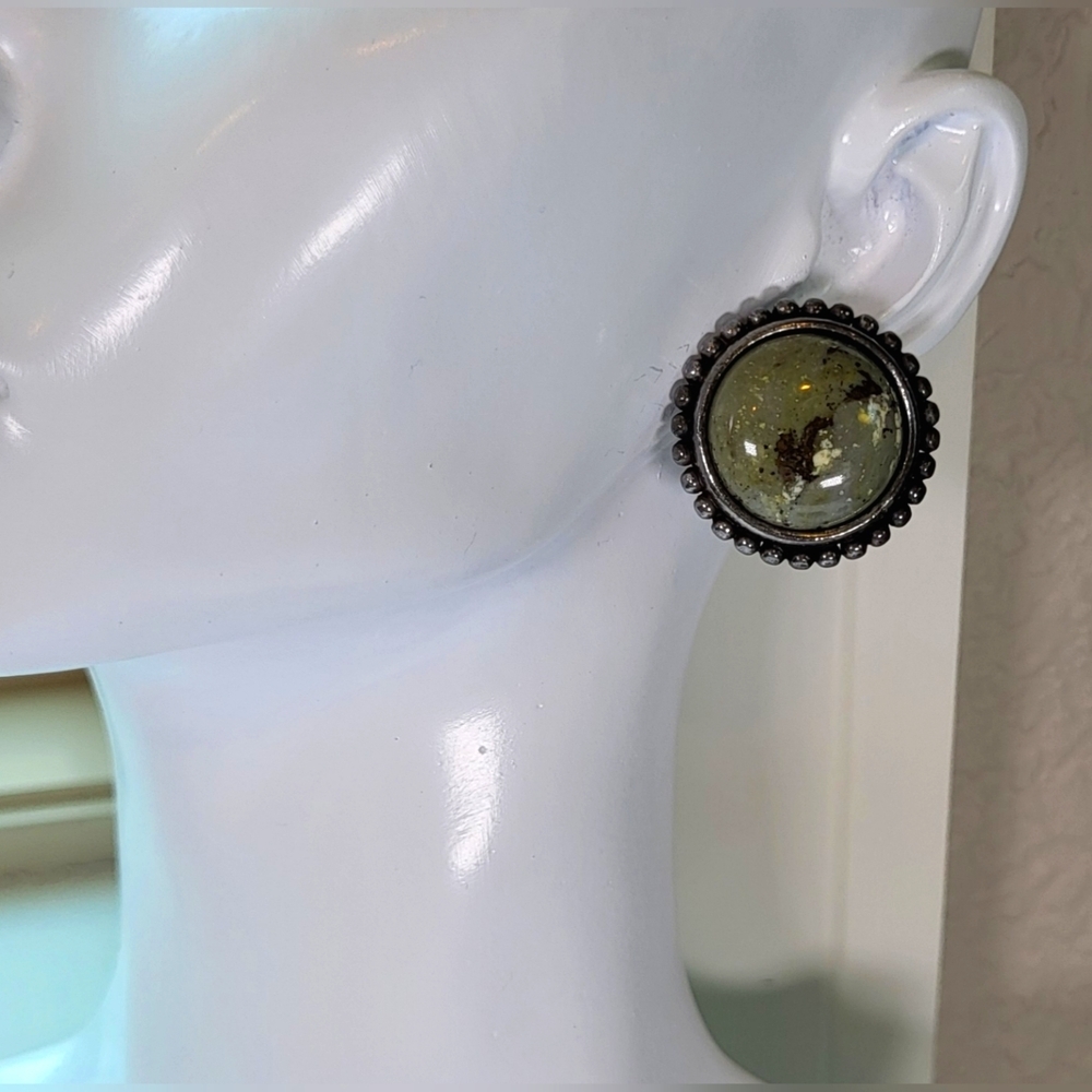 Green Jasper and Antiqued Silver Round Stud Earrings / Pierced - Picture 2 of 7